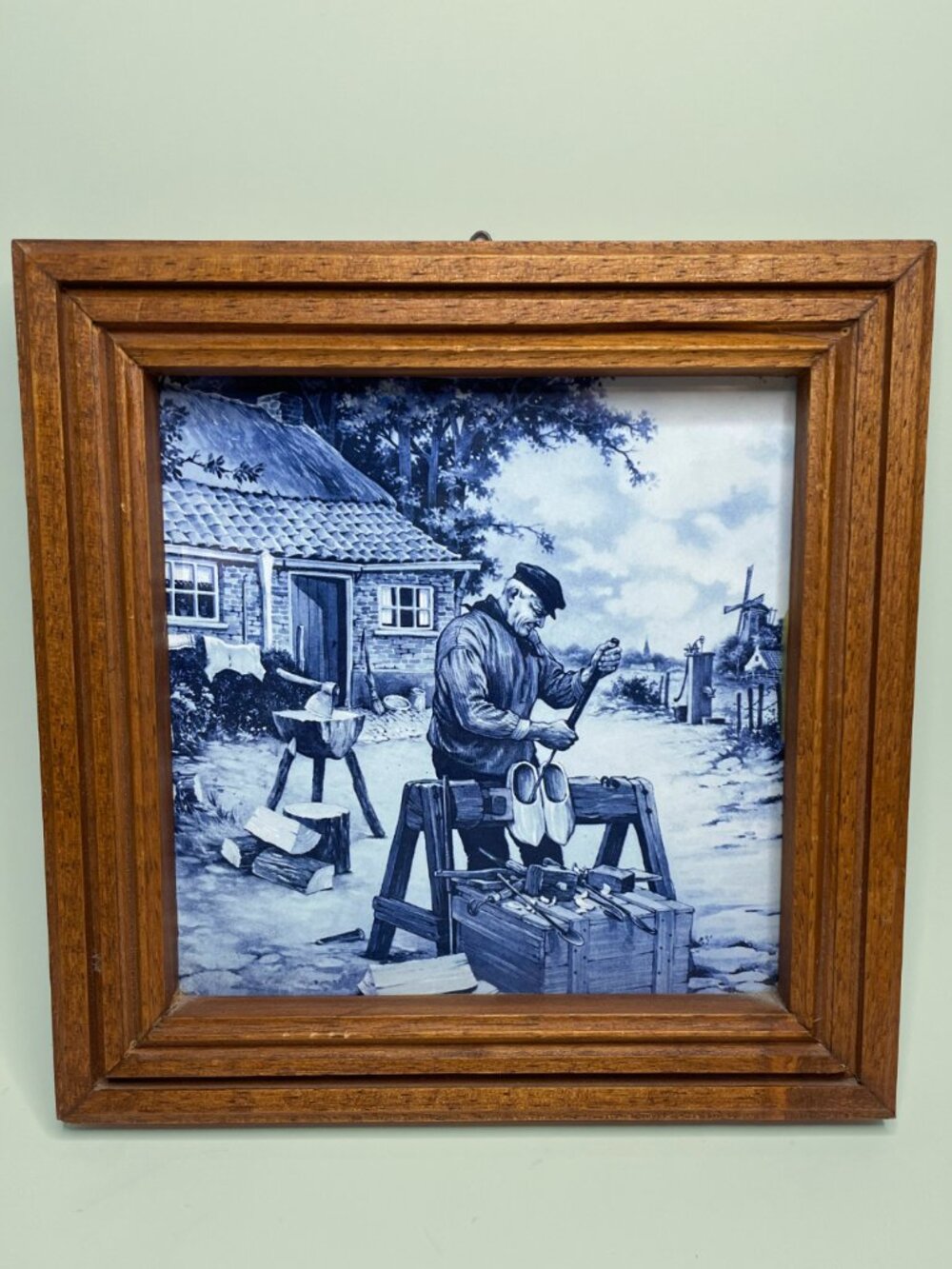 Framed Vintage Dutch Delft Blue Tile - Clog Maker Scene in Oak Wood Frame (1985)